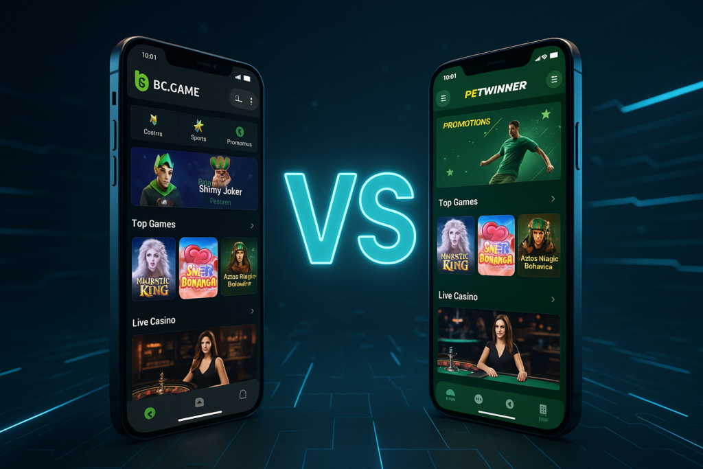 Uma imagem que compara as aplicações móveis da BC.Game e da Betwinner.
